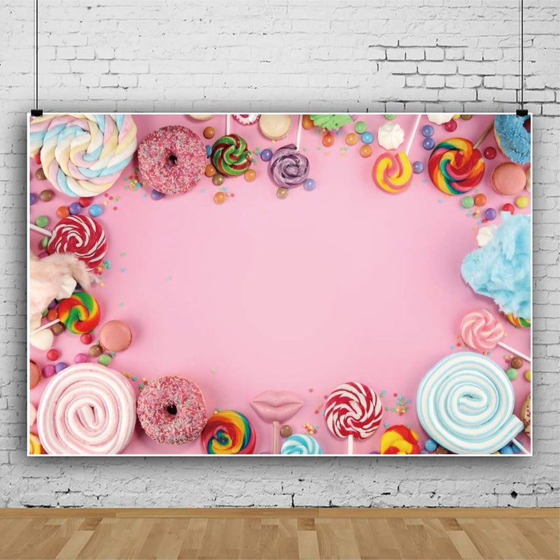 DORCEV 8x6ft Candy World Photography Backdrop for Kids Birthday Party Baby Shower Background Sweet Pink Wall Lollipop Candy Doughnut Bckground Kids Portrait Photos - Image 3